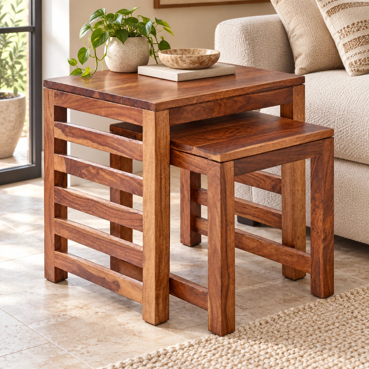 Adana Grand Sheesham Wood Nest of 2 Tables - Honey