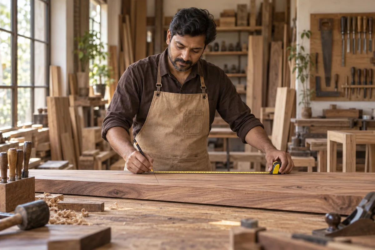 An artisan measuring and marking a hardwood plank