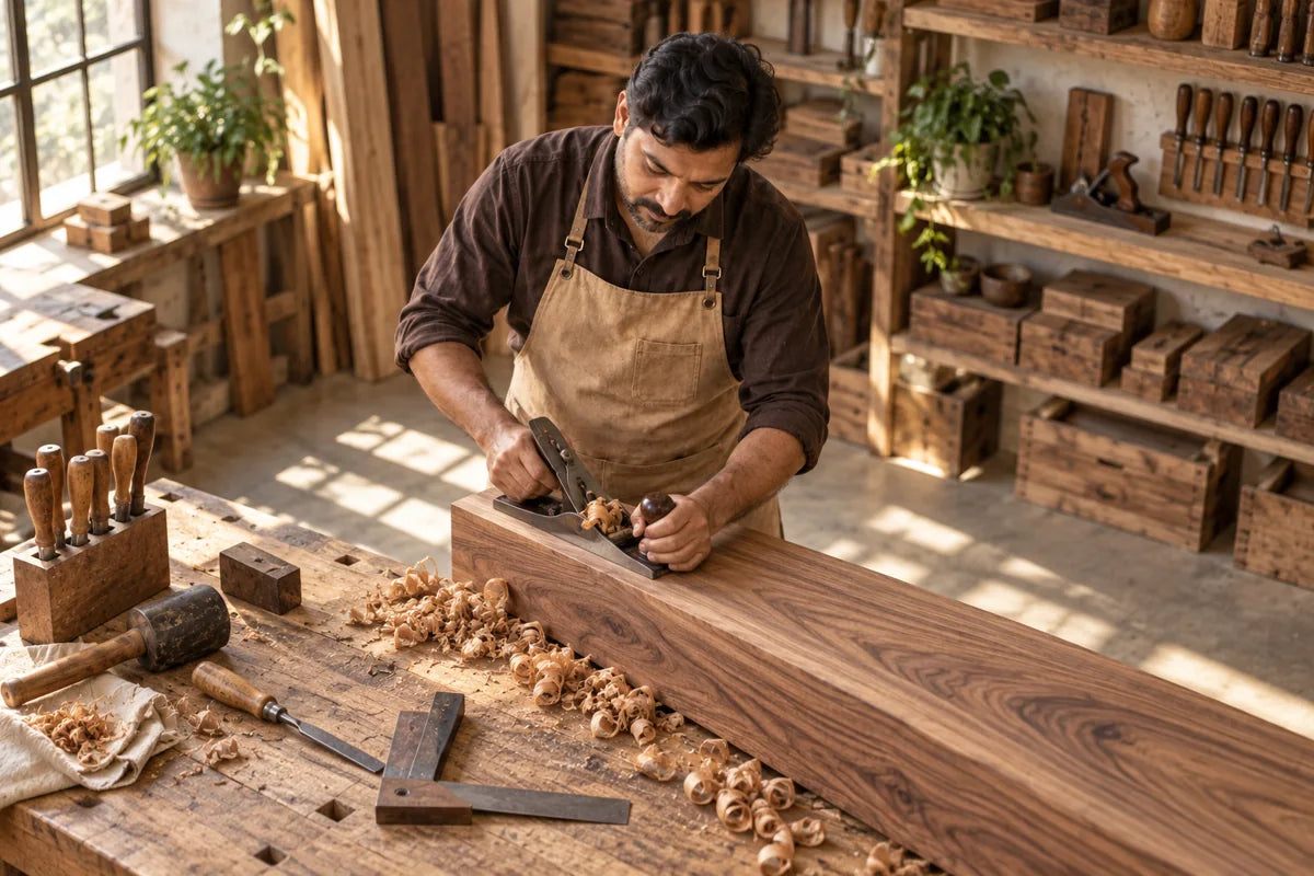 An artisan smoothing hardwood with a hand plane