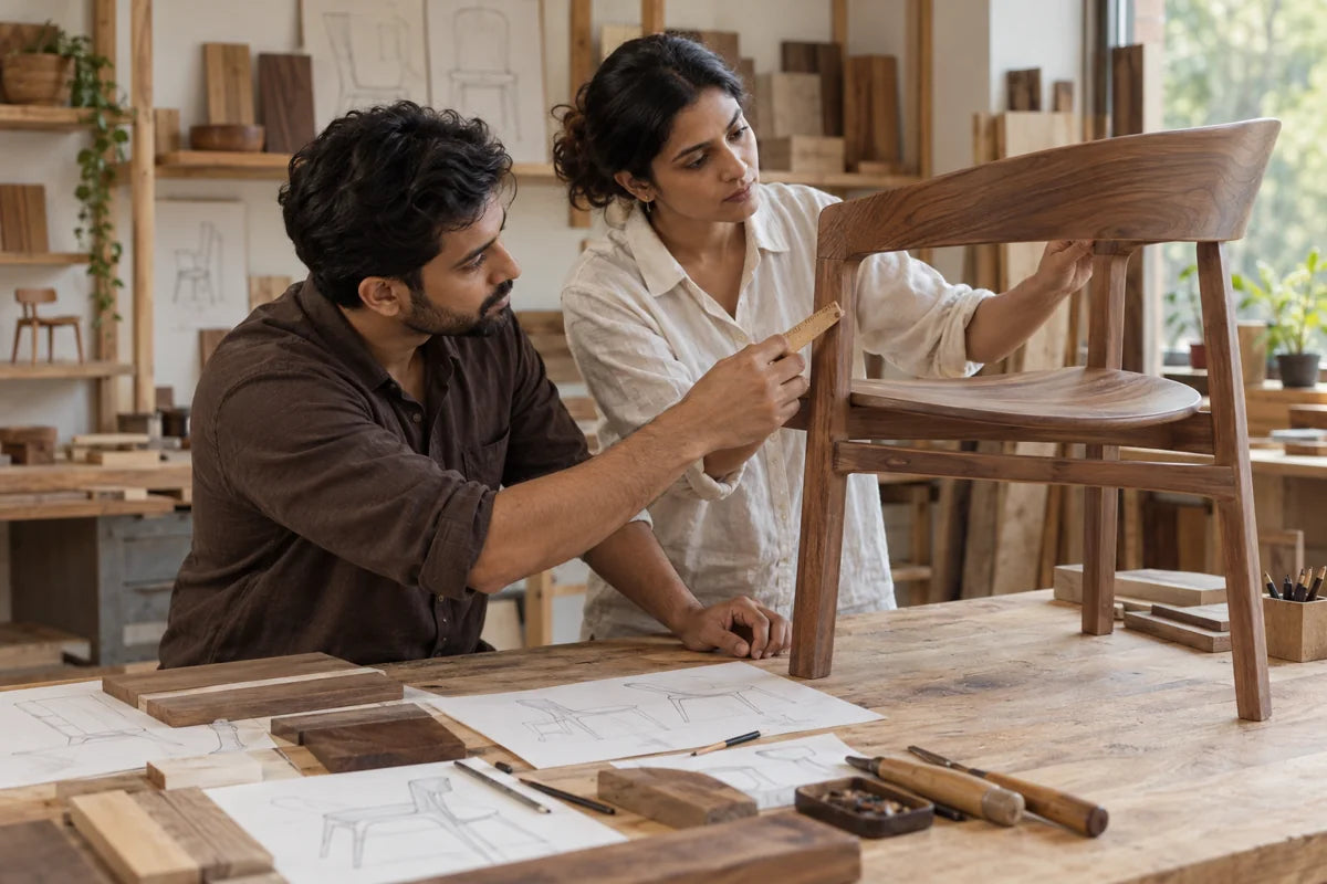 Designers considering the proportions of a wooden chair