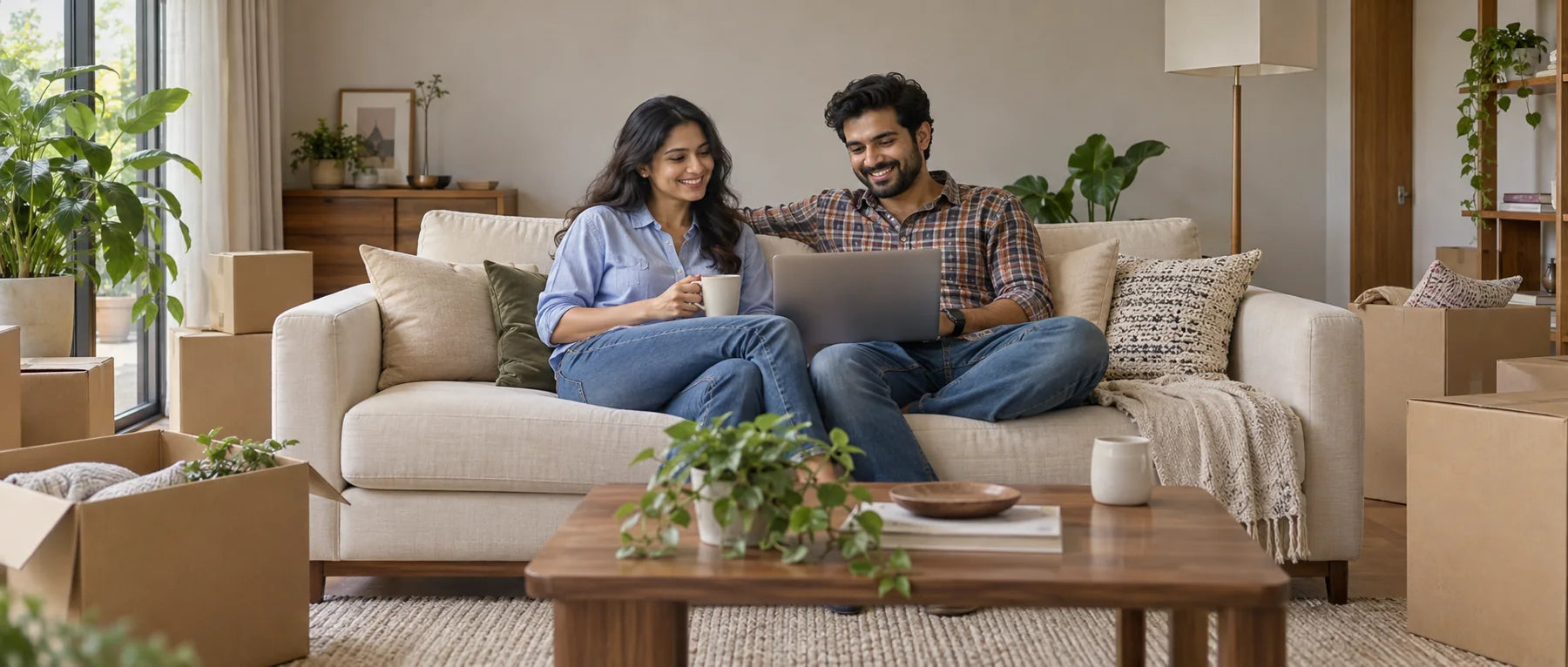 A couple settling into a bright, thoughtfully furnished home