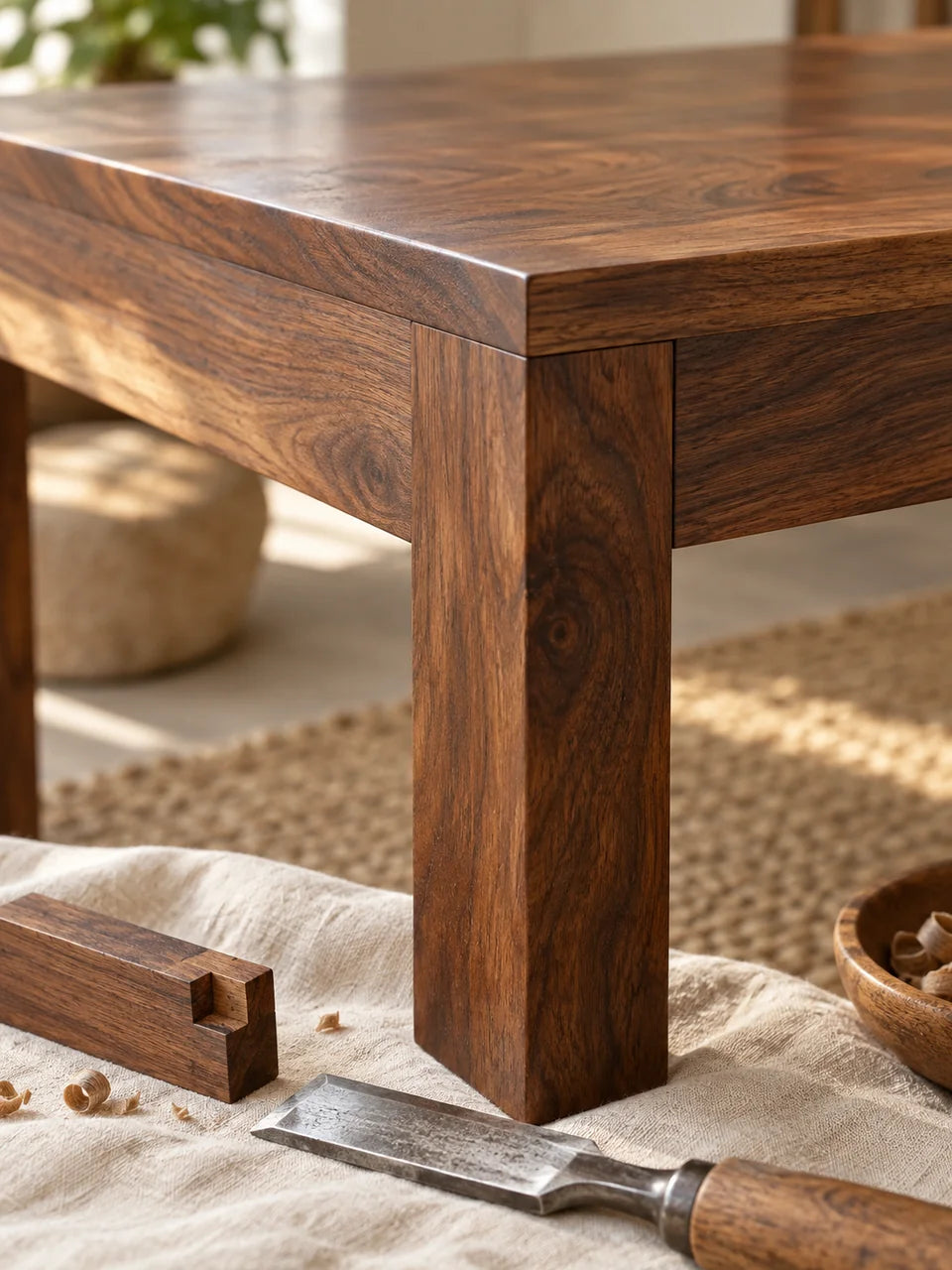 A close study of a finished wooden table corner and joinery sample