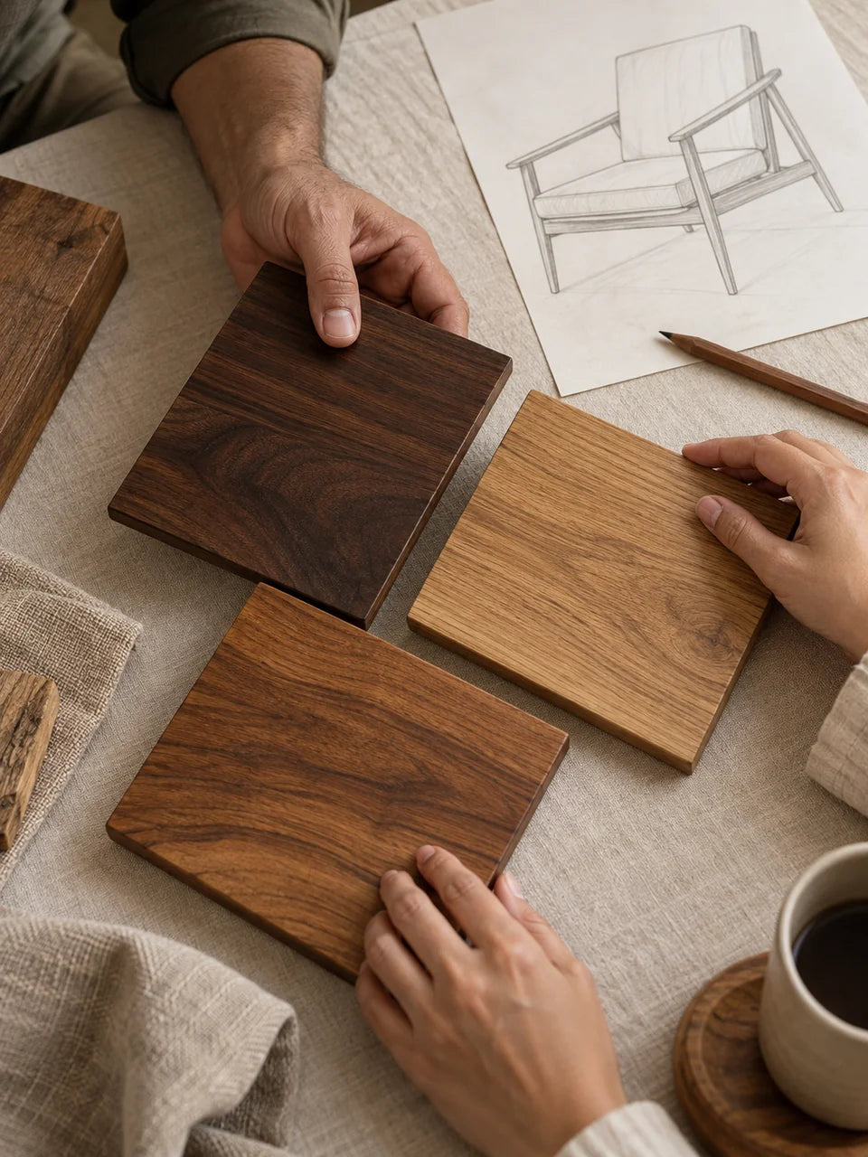 Hands comparing wooden finish samples beside a furniture sketch