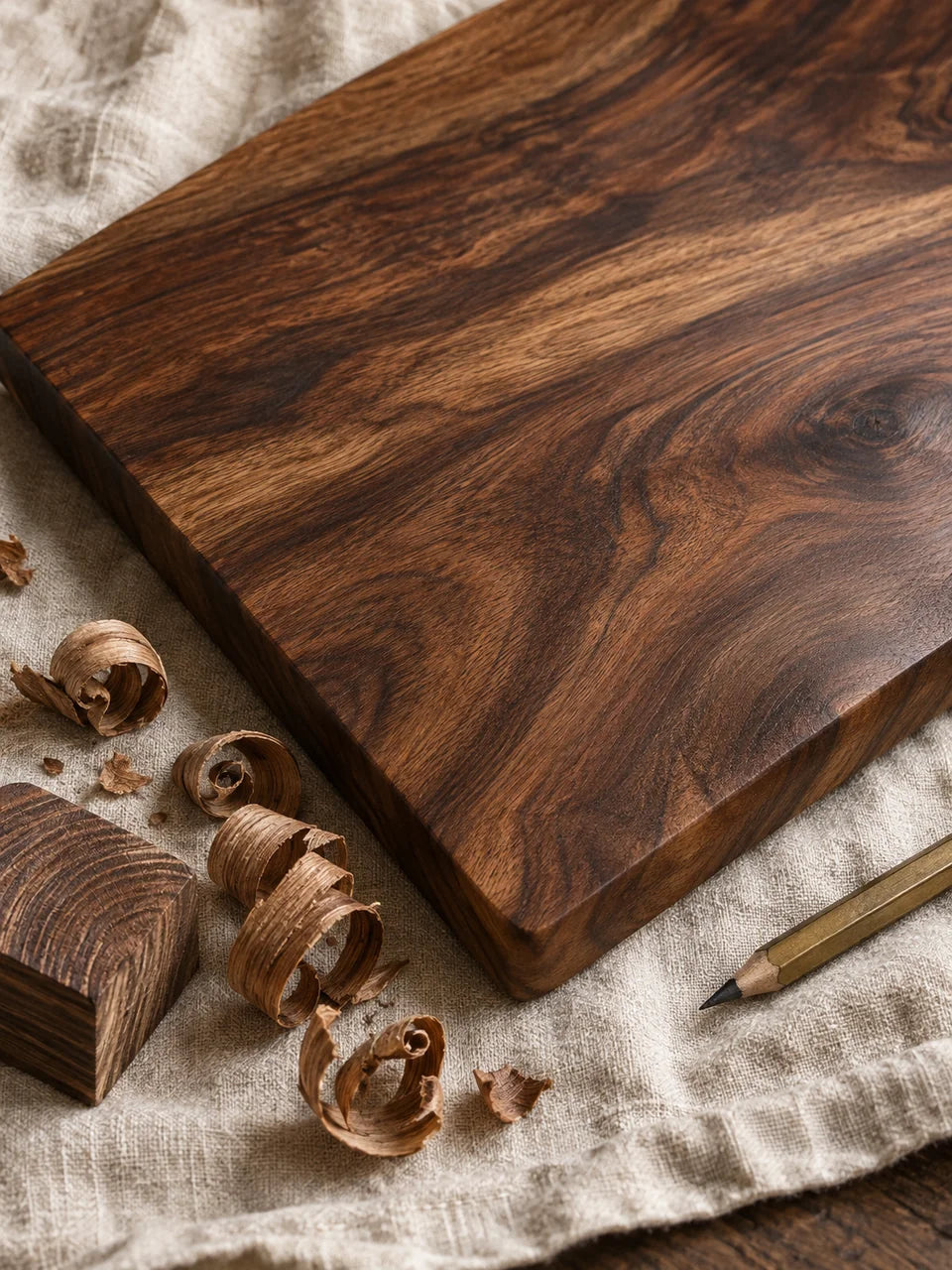 A wood-grain material study with curled shavings on linen