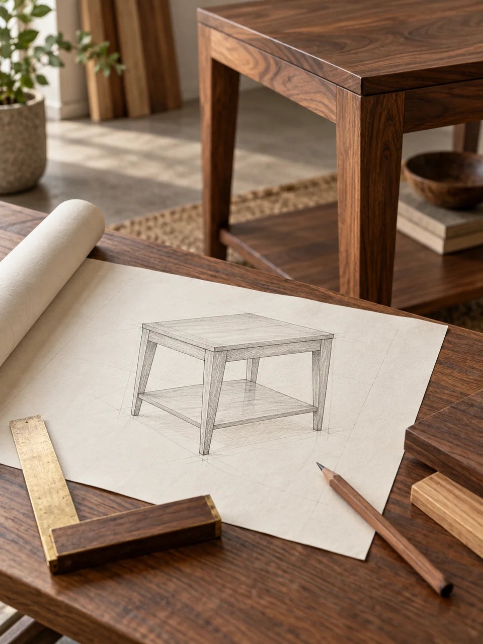 A furniture planning study with a table sketch and measuring square